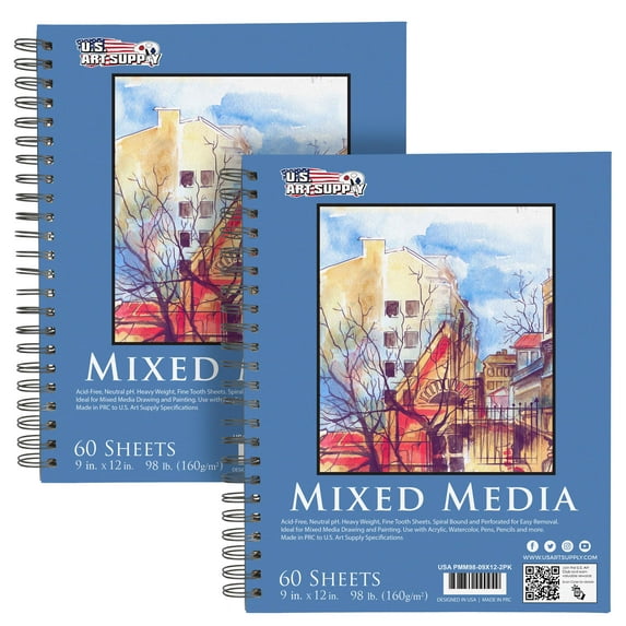 U.S. Art Supply 9" x 12" Mixed Media Paper Pad Sketchbook, 2 Pack, 60 Sheets, 98 lb (160 gsm) - Spiral-Bound, Perforated, Acid-Free - Artist Sketching, Drawing, Painting Watercolor, Acrylic