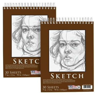 U.S. Art Supply 9" x 12" Premium Heavy-Weight Paper Spiral Bound Sketch Pad, 90lbs (160gsm) 30-Sheets (Pack of 2)