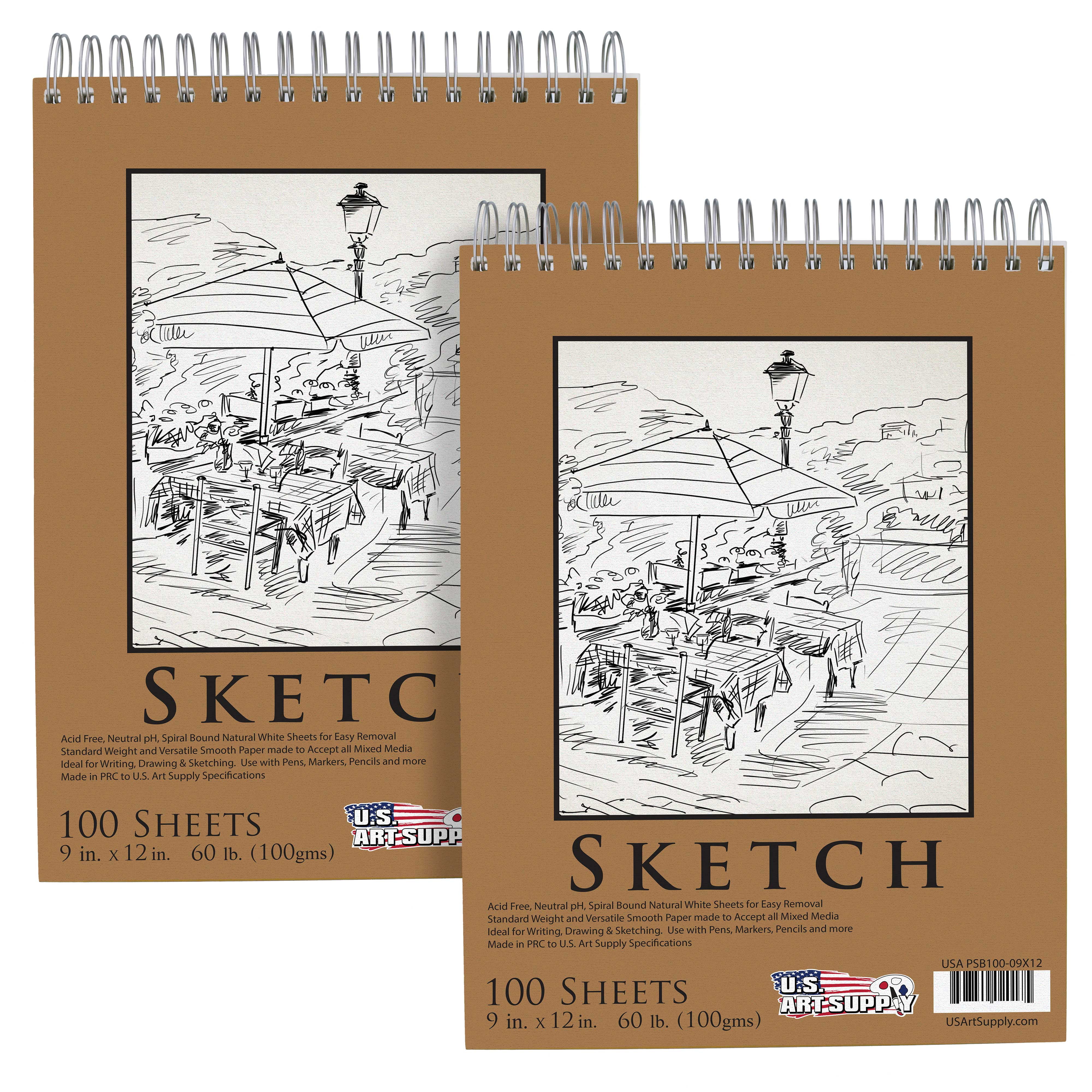 U.S. Art Supply 8 x 10 Side Spiral Bound - 60lb Sketch Drawing Pad (Pack  of 2 Pads) - 100 Sheets in Each Sketch Paper Pad 