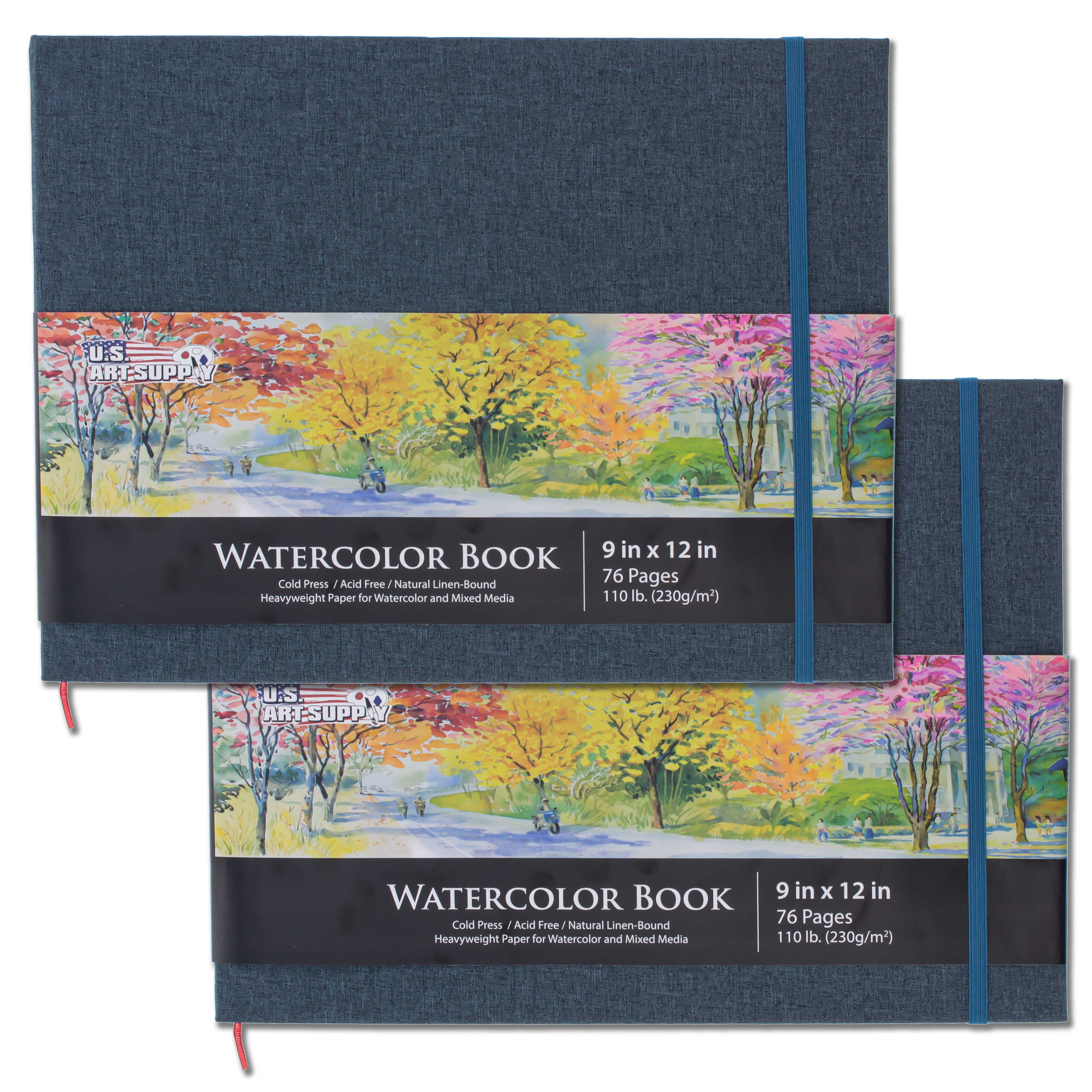 U.S. Art Supply 9 x 12 Watercolor Book, 2 Pack, 76 Sheets, 110 lb (230 Gsm) - Linen-Bound Hardcover Artists Paper Pads - Acid-free, Cold-Pressed, BR