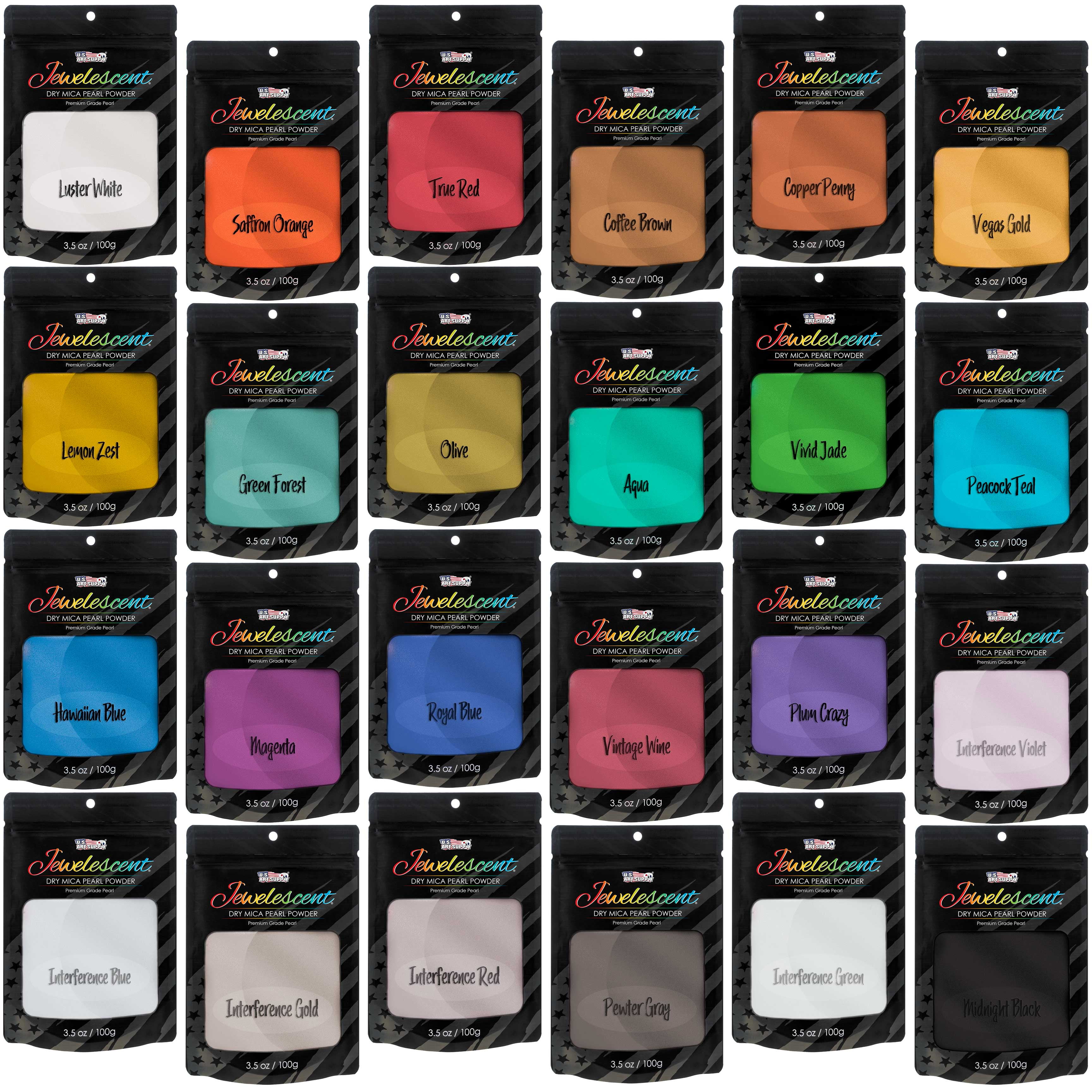 U.S. Art Supply Jewelescent 24 Color Mica Pearl Powder Pigment Master Set Kit, 3.5oz (100g) Resealable Pouches - Non-Toxic
