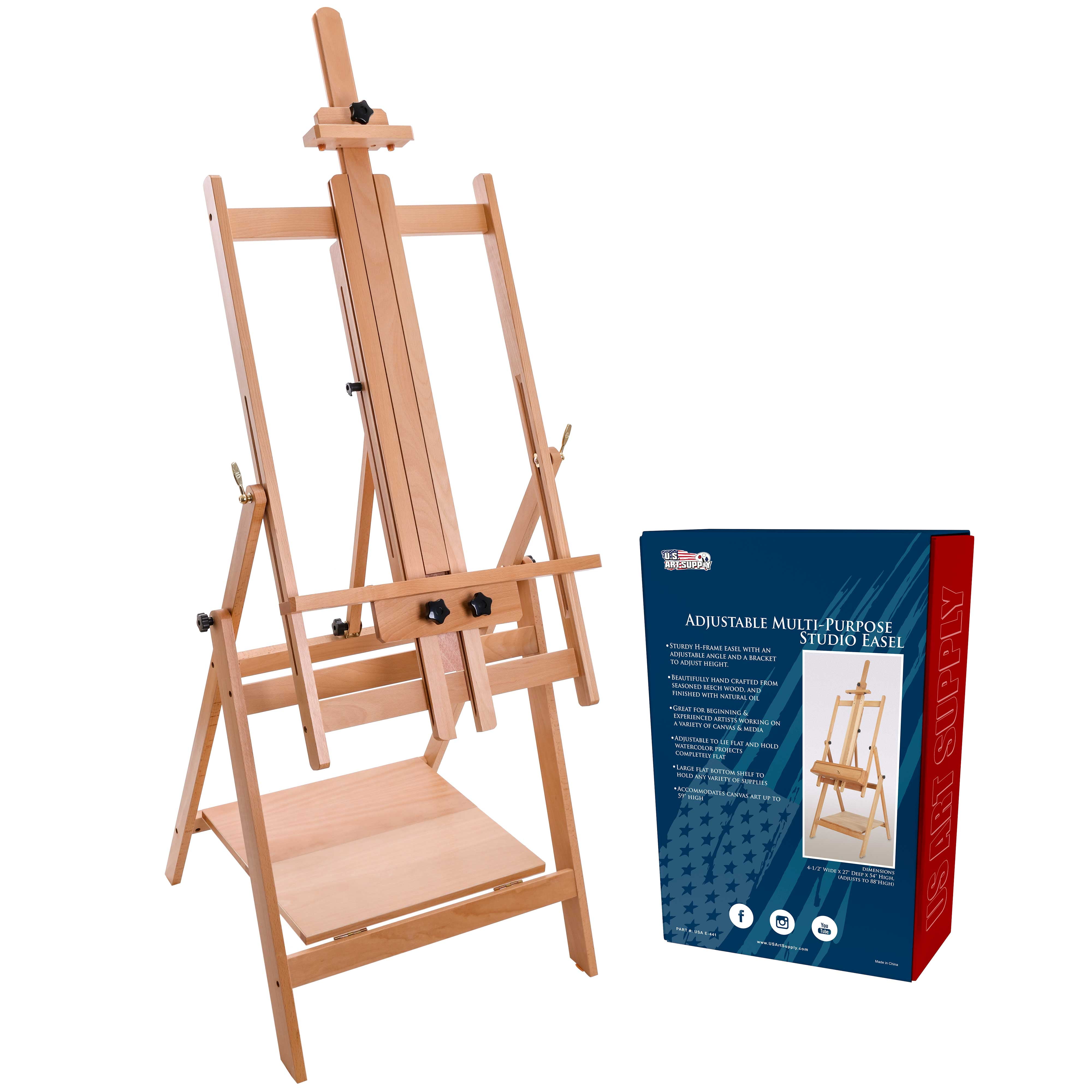 U.S. Art Supply Large Adjustable H-Frame Multi-Purpose Studio Artist Wooden Easel - Tilts Flat, Mast Adjusts to 88" High