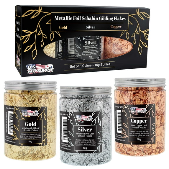 U.S. Art Supply Metallic Foil Schabin Gilding Metal Leaf Flakes 30 Gram Kit - Set of 3 Colors Imitation Gold and Silver, Real Copper in 10 Gram Bottles - Epoxy Resin Nail Crafts Painting Jewelry Slime
