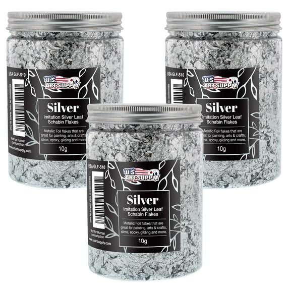 U.S. Art Supply Metallic Foil Schabin Gilding Silver Leaf Flakes - Imitation Silver 10 Gram Bottle (Pack of 3) - Gild Picture Frames, Paintings, Furniture, Decorate Epoxy Resin, Nails, Jewelry, Slime