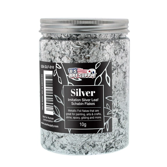 U.S. Art Supply Metallic Foil Schabin Gilding Silver Leaf Flakes - Imitation Silver 10 Gram Bottle - Gild Picture Frames, Paintings, Furniture, Decorate Epoxy Resin, Nails, Jewelry, Arts Crafts, Slime