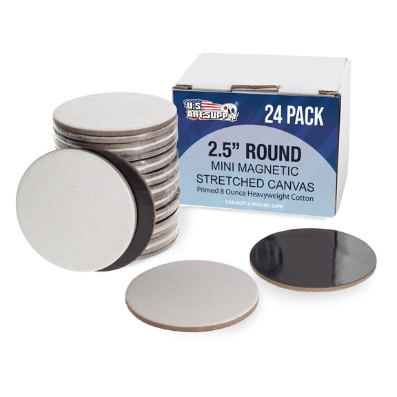 U.S. Art Supply Mini Magnetic Canvas Panels, 24 Pack, 2.5 Inch Round, Primed 8 Ounce Heavyweight Cotton, Small Canvases for Painting Acrylic and Watercolor, White Square Flat Canvas Boards