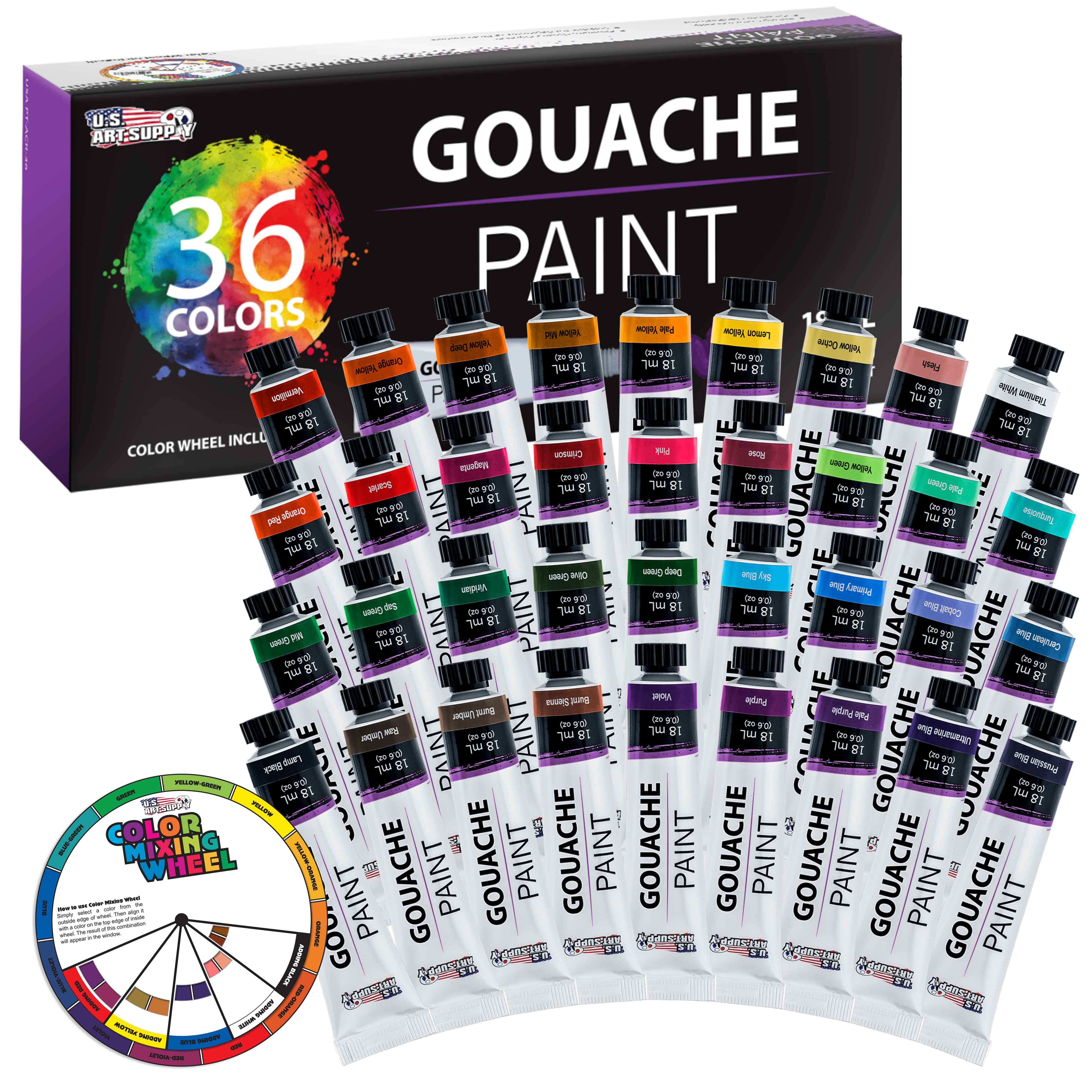 U.S. Art Supply Professional 36 Color Set of Gouche Paint in Large 18ml  Tubes - Bonus Color Mixing Wheel
