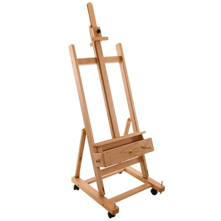 U.S. Art Supply Rocker Crank Wooden Adjustable Studio Easel - Extra Large H-Frame, 132", Artist Tray, Drawers, Beechwood