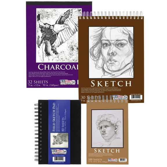 U.S. Art Supply Set of 4 Different Styles of Sketching and Drawing Paper Pads (242 Sheets Total) - 2 Each 5.5" x 8.5" and 9" x 12" Premium Spiral Bound Sketch, Draw, Charcoal Pencil, Mixed Media Pads