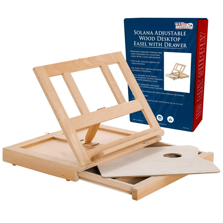 U.S. Art Supply Solana Adjustable Wood Desk Table Easel with Storage  Drawer, Paint Palette, Premium Beechwood - Portable Wooden Artist Desktop,  Board
