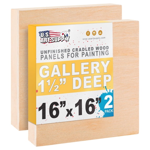 U.S. Art Supply Unfinished Cradled Wood Panels for Painting, 2 Pack of 16x16 inch - Gallery Birch Wooden Canvas Boards 1-1/2" Deep - Mixed-Media Craft, Acrylic, Oil, Encaustic, Paint Pouring