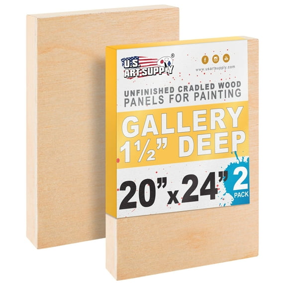 U.S. Art Supply Unfinished Cradled Wood Panels for Painting, 2 Pack of 20x24 inch - Gallery Birch Wooden Canvas Boards 1-1/2" Deep - Mixed-Media Craft, Acrylic, Oil, Encaustic, Paint Pouring