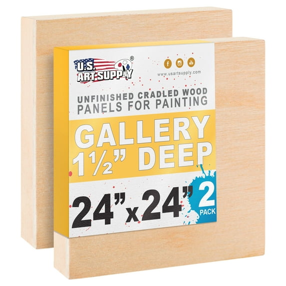 U.S. Art Supply Unfinished Cradled Wood Panels for Painting, 2 Pack of 24x24 inch - Gallery Birch Wooden Canvas Boards 1-1/2" Deep - Mixed-Media Craft, Acrylic, Oil, Encaustic, Paint Pouring