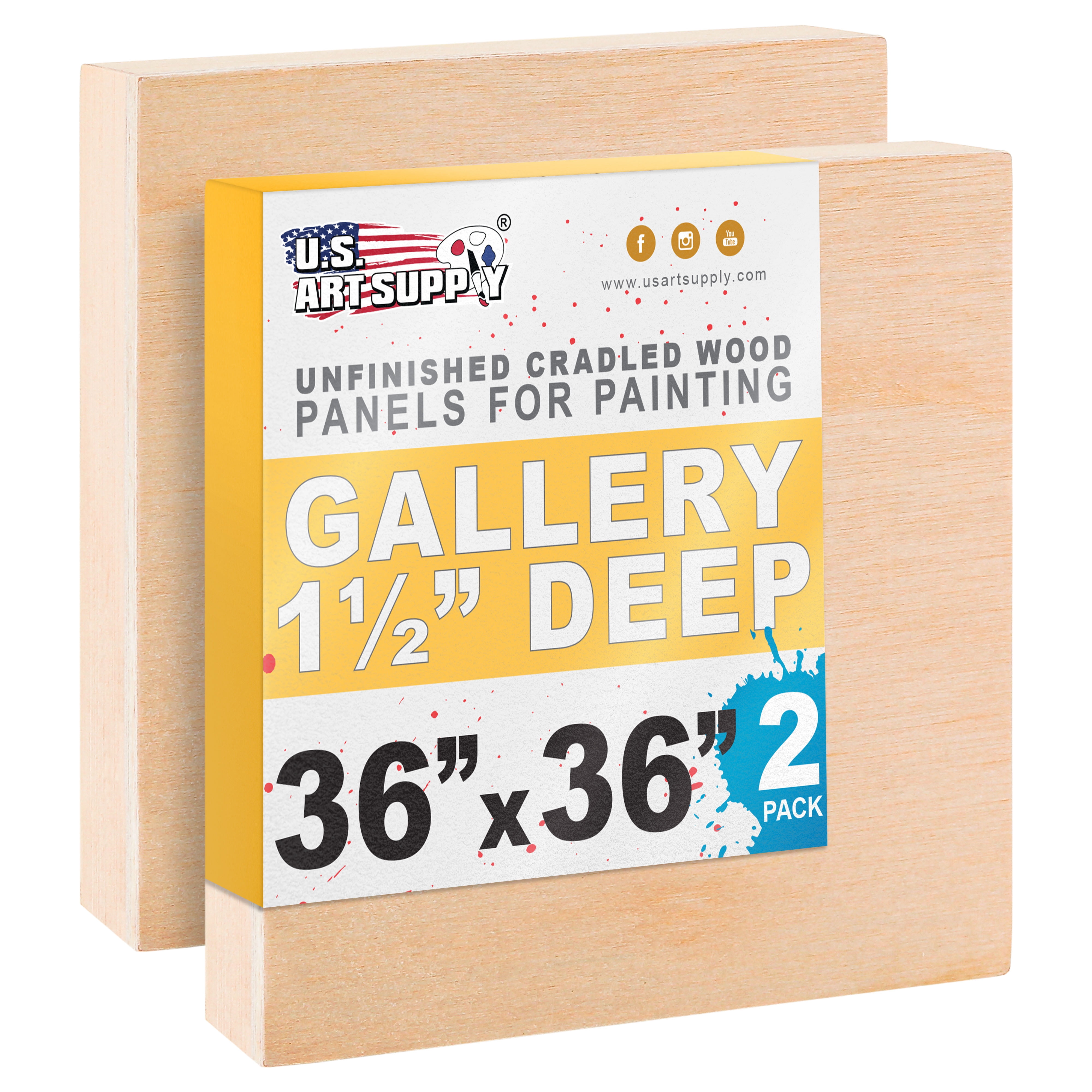U.S. Art Supply Unfinished Cradled Wood Panels for Painting, 2 Pack of 36x36 inch - Gallery Birch Wooden Canvas Boards 1-1/2" Deep - Mixed-Media Craft, Acrylic, Oil, Encaustic, Paint Pouring