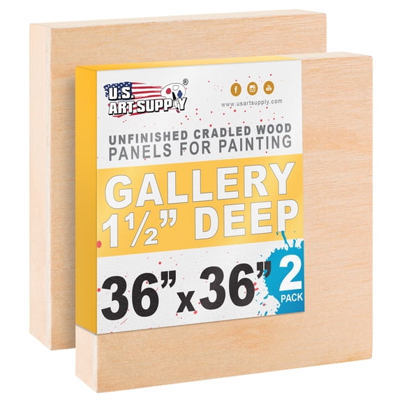 U.S. Art Supply Unfinished Cradled Wood Panels for Painting, 2 Pack of 36x36 inch - Gallery Birch Wooden Canvas Boards 1-1/2" Deep - Mixed-Media Craft, Acrylic, Oil, Encaustic, Paint Pouring