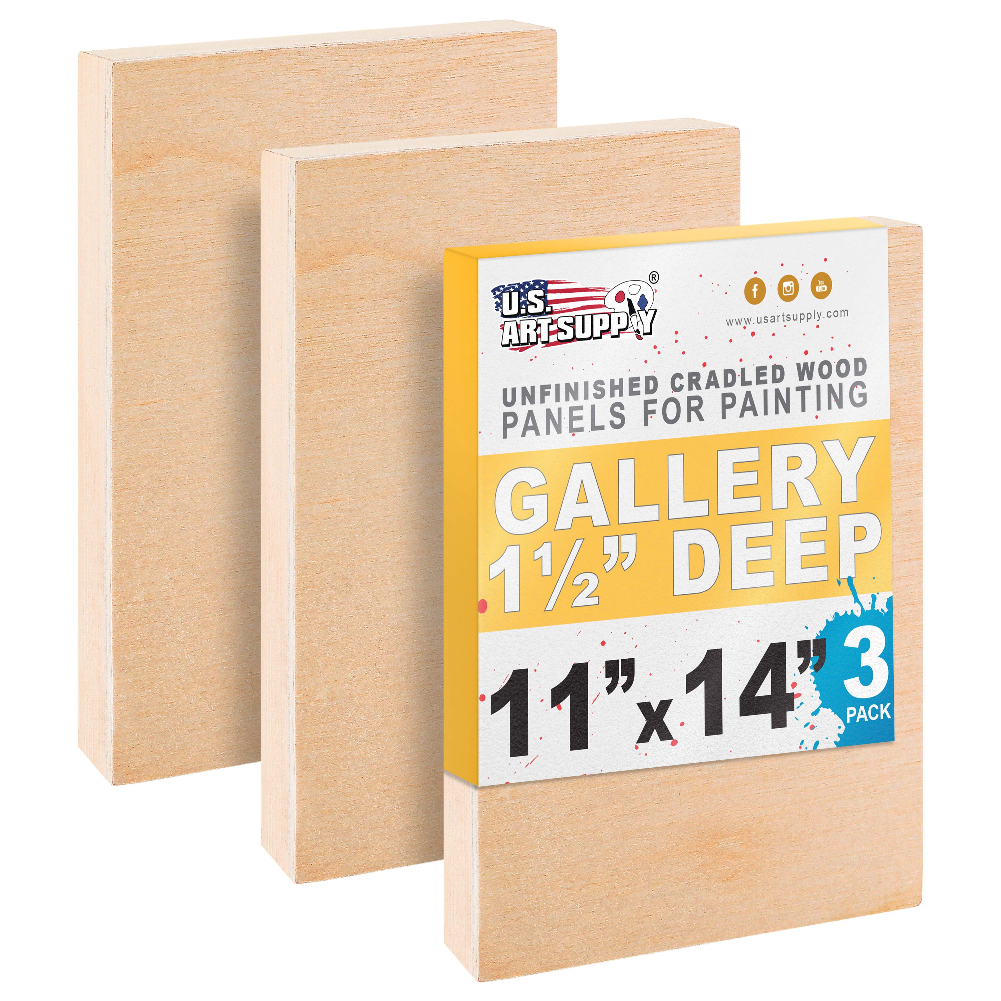 U.S. Art Supply Unfinished Cradled Wood Panels for Painting, 3 Pack of 11x14 inch - Gallery Birch Wooden Canvas Boards 1-1/2" Deep - Mixed-Media Craft, Acrylic, Oil, Encaustic, Paint Pouring