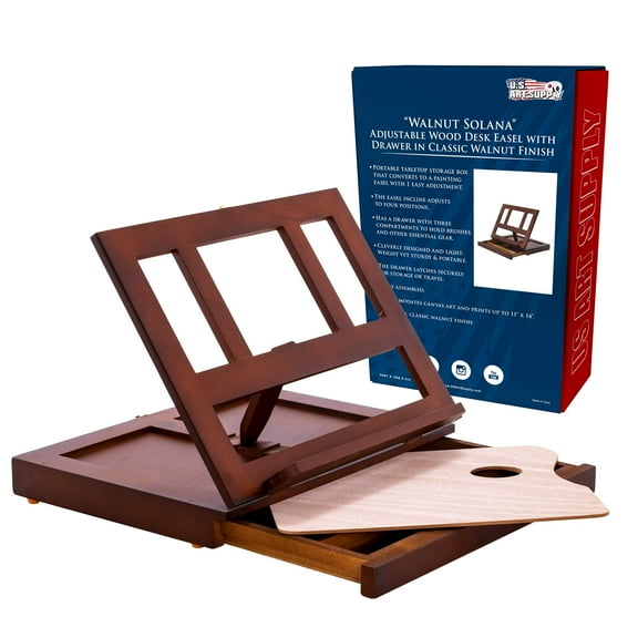 U.S. Art Supply "Walnut" Solana Adjustable Wood Desk Table Easel with Storage Drawer, Premium Beechwood