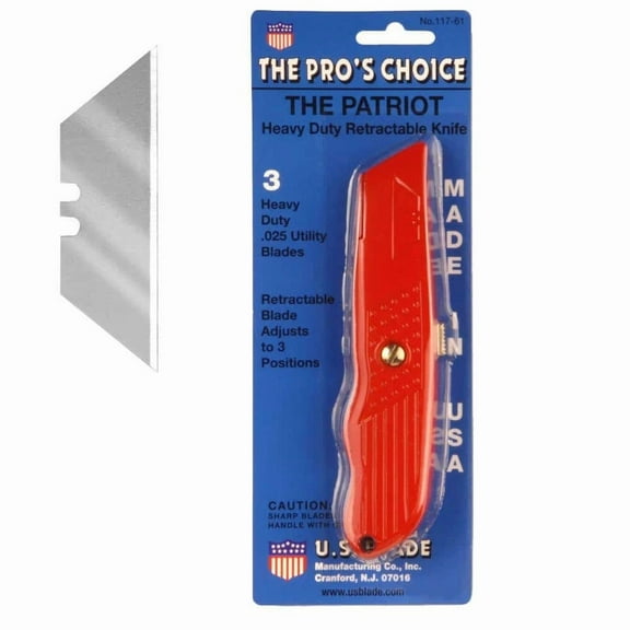 U.S. Blade Patriot Deluxe Retractable Utility Knife W/ 3 Utility Blades (117-61)