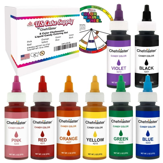 U.S. Cake Supply 2-ounce Liquid Candy Food Color 8 Bottle Kit with Mixing Wheel