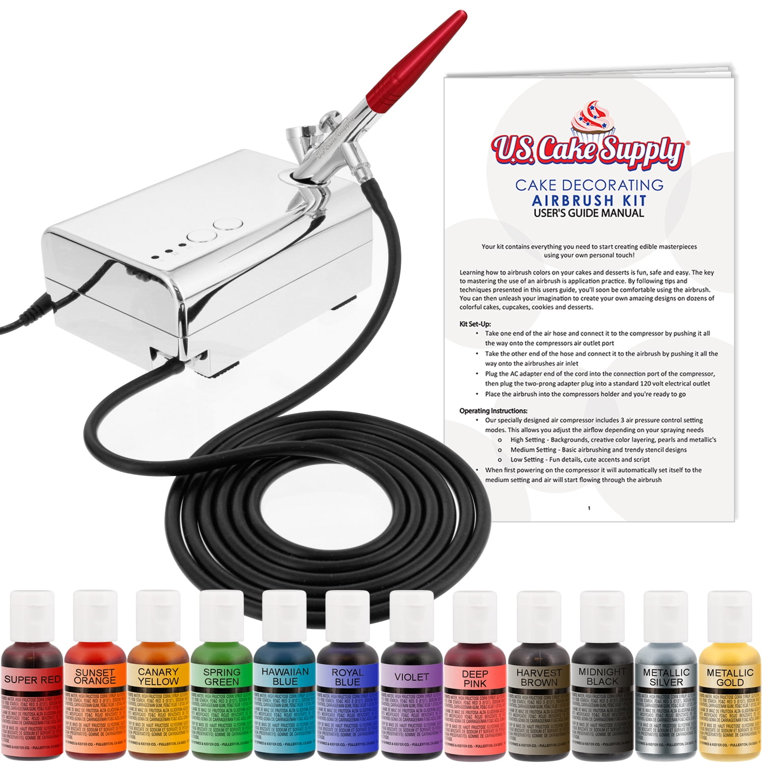 U.S. Cake Supply Complete Cake Decorating Airbrush Kit w/ 12 Vivid Airbrush Food Colors Decorate Cakes, Cupcakes Dessert