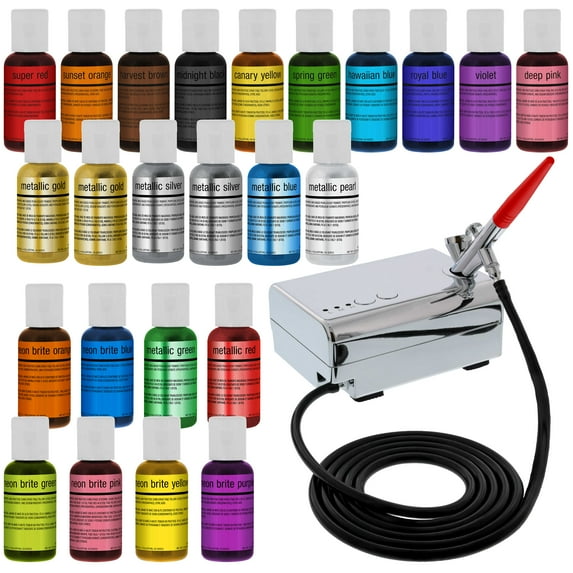 U.S. Cake Supply Complete Cake Decorating Airbrush Kit with 24 Vivid Airbrush Food Colors Decorate Cakes, Cupcakes Dessert
