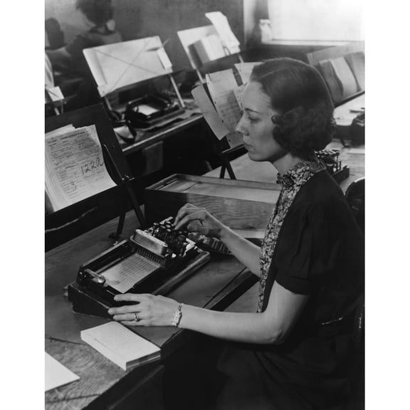 U.S. Census Worker Transferring Information From A Questionnaire To A Punch Card History (24 x 36)