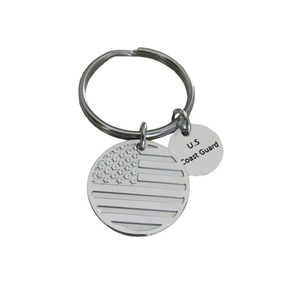 U.S. Coast Guard Military Veteran's 25mm Engraved Stainless Steel American Flag Charm Keychain