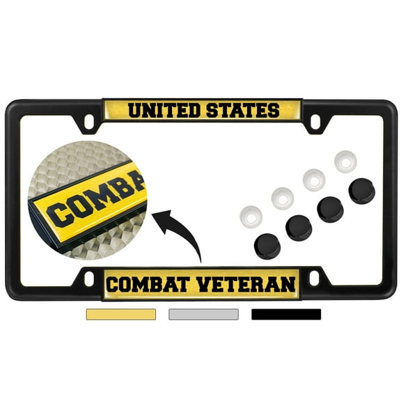 U.S. Combat Veteran - Domed Custom-Made Personalized Narrow (Thin) Top 4 Hole Metal Car License Plate Frame with Free caps - Black (Quantity: 1 Frame)