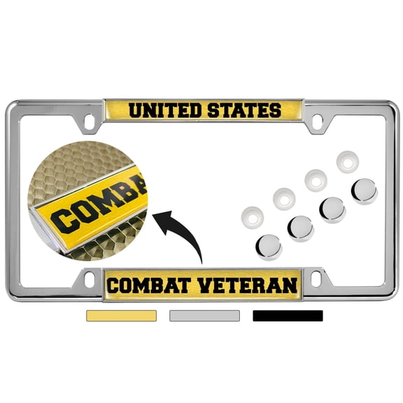 U.S. Combat Veteran - Domed Custom-Made Personalized Narrow (Thin) Top 4 Hole Metal Car License Plate Frame with Free caps - Chrome (Quantity: 1 Frame)
