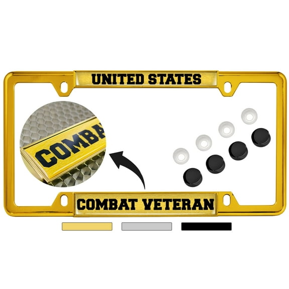 U.S. Combat Veteran - Domed Custom-Made Personalized Narrow (Thin) Top 4 Hole Metal Car License Plate Frame with Free caps - Gold (Quantity: 1 Frame)