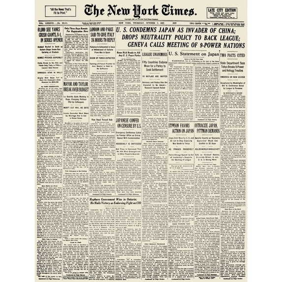 U.S. Condemns Japan 1937. Nfront Page Of The New York Times For 7 October 1937 Announcing The U.S. Condemnation Of