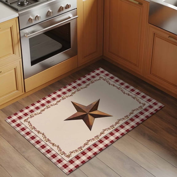 U.S. Country Rusty Stars 2x3 Rug for Entryway Front Door Kitchen Sink Area, Retro Berries Vine Red Beige Plaid Low Pile Washable Non Slip Rectangle Area Rug