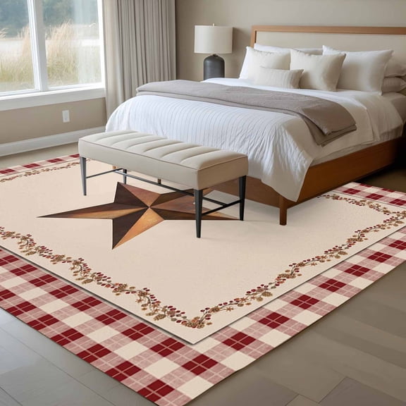U.S. Country Rusty Stars 6x9 Rug for Dining Room Table and Chair Setup, Retro Berries Vine Red Beige Plaid Low Pile Washable Non Slip Rectangle Area Rug