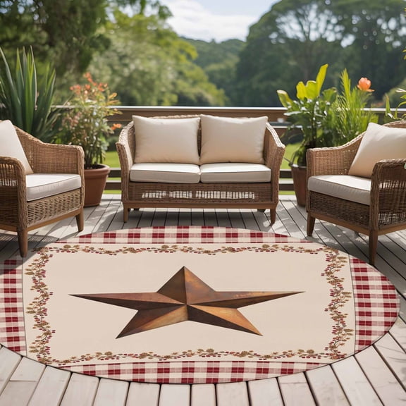 U.S. Country Rusty Stars 8ft Round Rug for Open Concept Living Room Seating Zone, Retro Berries Vine Red Beige Plaid Washable Non Slip Large Circle Area Rug