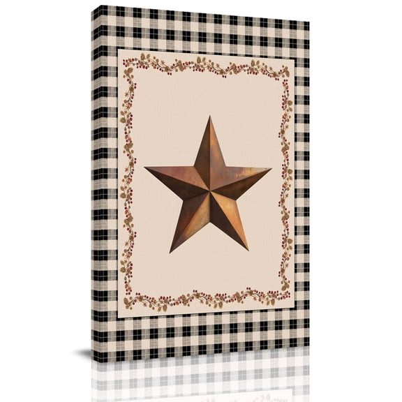 U.S. Country Rusty Stars Canvas Wall Art for Living Room, Retro Berries Vine Black Beige Plaid Wall Decor Framed Artwork Pictures Ready to Hang for Bedroom Office Home Decor