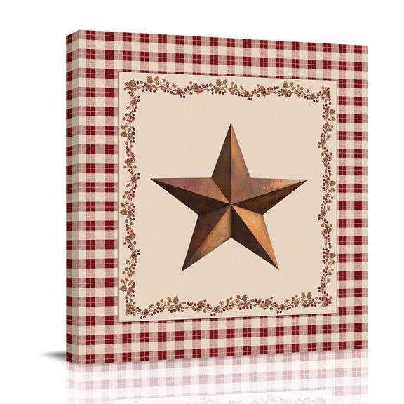 U.S. Country Rusty Stars Canvas Wall Art for Living Room, Retro Berries Vine Red Beige Plaid Poster Print Painting for Bedroom Office Home Decoration Wall Pictures Prepare To Hang 8"x8"