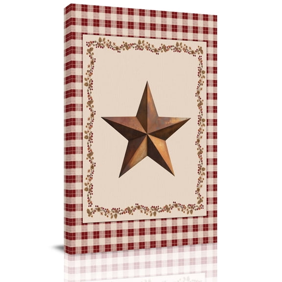 U.S. Country Rusty Stars Canvas Wall Art for Living Room, Retro Berries Vine Red Beige Plaid Wall Decor Framed Artwork Pictures Ready to Hang for Bedroom Office Home Decor