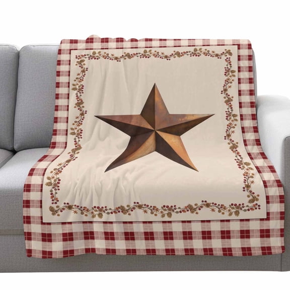 U.S. Country Rusty Stars Fleece Throw Blanket Lightweight Retro Berries Vine Red Beige Plaid Fuzzy Flannel Throws Super Soft Cozy Flannel Blanket for Couch, Sofa, Bed, Travel 60"x80"