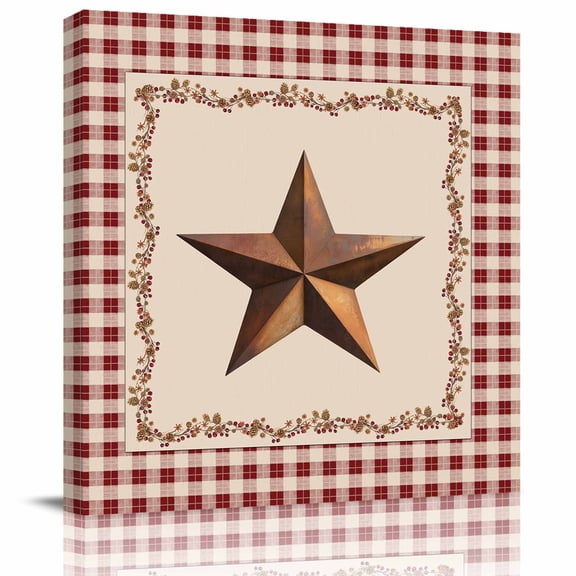 U.S. Country Rusty Stars Framed Canvas Wall Art, Retro Berries Vine Red Beige Plaid Wall Art Painting for Living Room Bedroom Home Decor, 8”x8”, Office Artwork Print