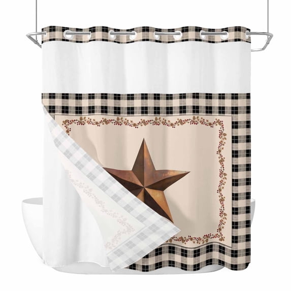 U.S. Country Rusty Stars No Hook Shower Curtain with Snap in Liner Retro Berries Vine Black Beige Plaid Waterproof Bathroom Shower Curtain with See Through Top Window for Bathtub 72" x 78"