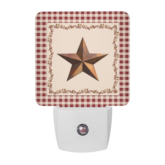 U.S. Country Rusty Stars Night Light, Retro Berries Vine Red Beige Plaid Plug in Night Lights with Dusk to Dawn Sensor, Energy Saving Red LED Nightlight for Bedroom Bathroom, Auto On/Off