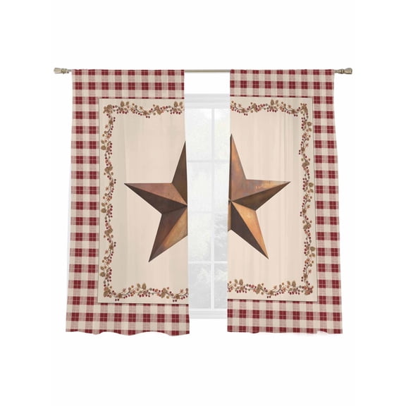 U.S. Country Rusty Stars Sheer Curtains 63 Inch Long 2 Panels, Retro Berries Vine Red Beige Plaid Light Filtering Rod Pocket Curtains, Sheer Voile Drapes for Living Room Bedroom, 52"x63"
