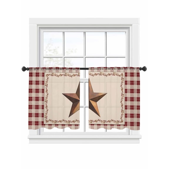 U.S. Country Rusty Stars Sheer Curtains for Living Room Bedroom, Retro Berries Vine Red Beige Plaid Light Filtering Sheer Curtains, Rod Pocket Voile Window Drapes, 2 Panels Set 54"x 45"