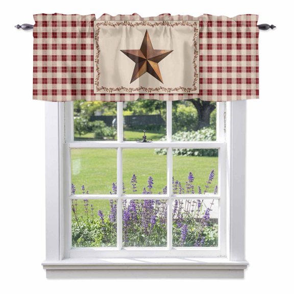 U.S. Country Rusty Stars Valance Curtain for Windows Retro Berries Vine Red Beige Plaid Rod Pocket Curtain Valances Short Window Treatments Panels for Kitchen Bathroom Laundry Basement 56 x 16 Inch
