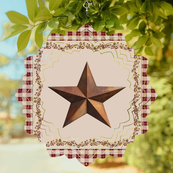 U.S. Country Rusty Stars Wind Spinner for Garden Yard 8In, Retro Berries Vine Red Beige Plaid 3D Stainless Steel Kinetic Hanging Wind Spinners Rustproof Outdoor Decor for Lawn Patio Home