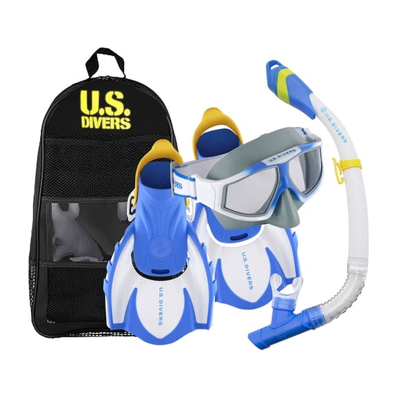 U.S. Divers Avila Adult Snorkel Set Blue/White Mask, Snorkel, Quick Fins, Large