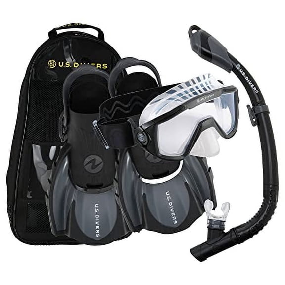 U.S. Divers Avila Unisex Adult Snorkel Set - Curved 1-Window Lens for Panoramic Vision, Anti-Fog Lens, Dry Top Snorkel, Adjustable Open Heel Compact Fins | Medium (8-10), Octo