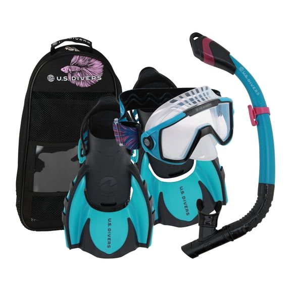 U.S. Divers Avila Unisex Adult Snorkel Set - Curved 1-Window Lens for Panoramic Vision, Anti-Fog Lens, Dry Top Snorkel, Adjustable Open Heel Compact Fins | Small (4-7), Betta