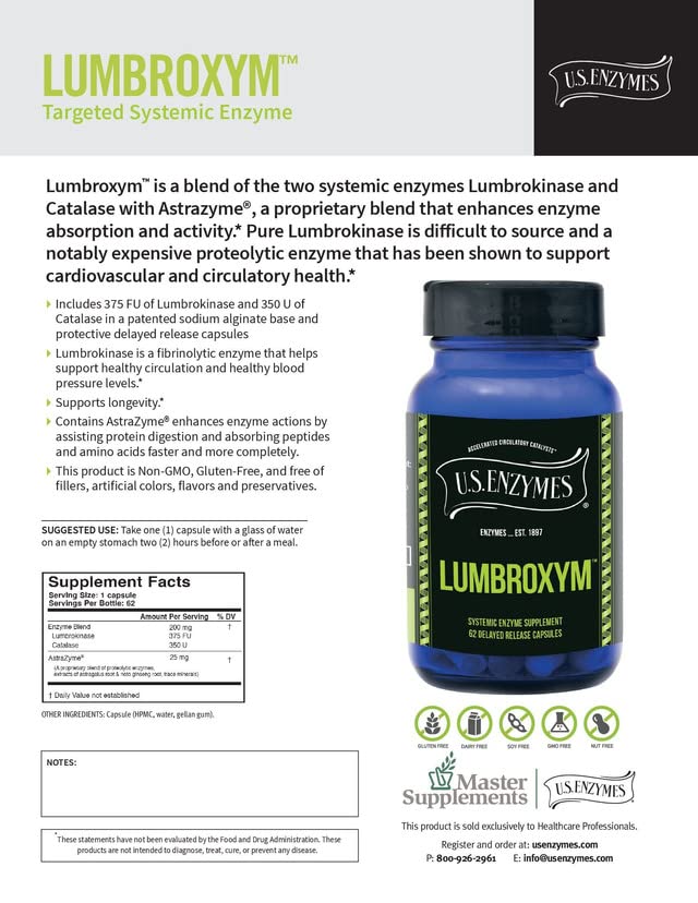 U.S. Enzymes Lumbroxym Targeted Systemic Enzyme 62 Delayed Release Capsues. Helps Crculation and