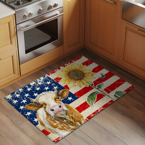 U.S. Flag 2x3 Rug for Entryway Front Door Kitchen Sink Area, Farm Cow Sunflower Made Old American Country Style Low Pile Washable Non Slip Rectangle Area Rug